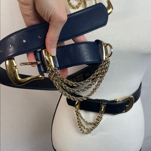 Blue leather vintage chain gold belt Vintage leather